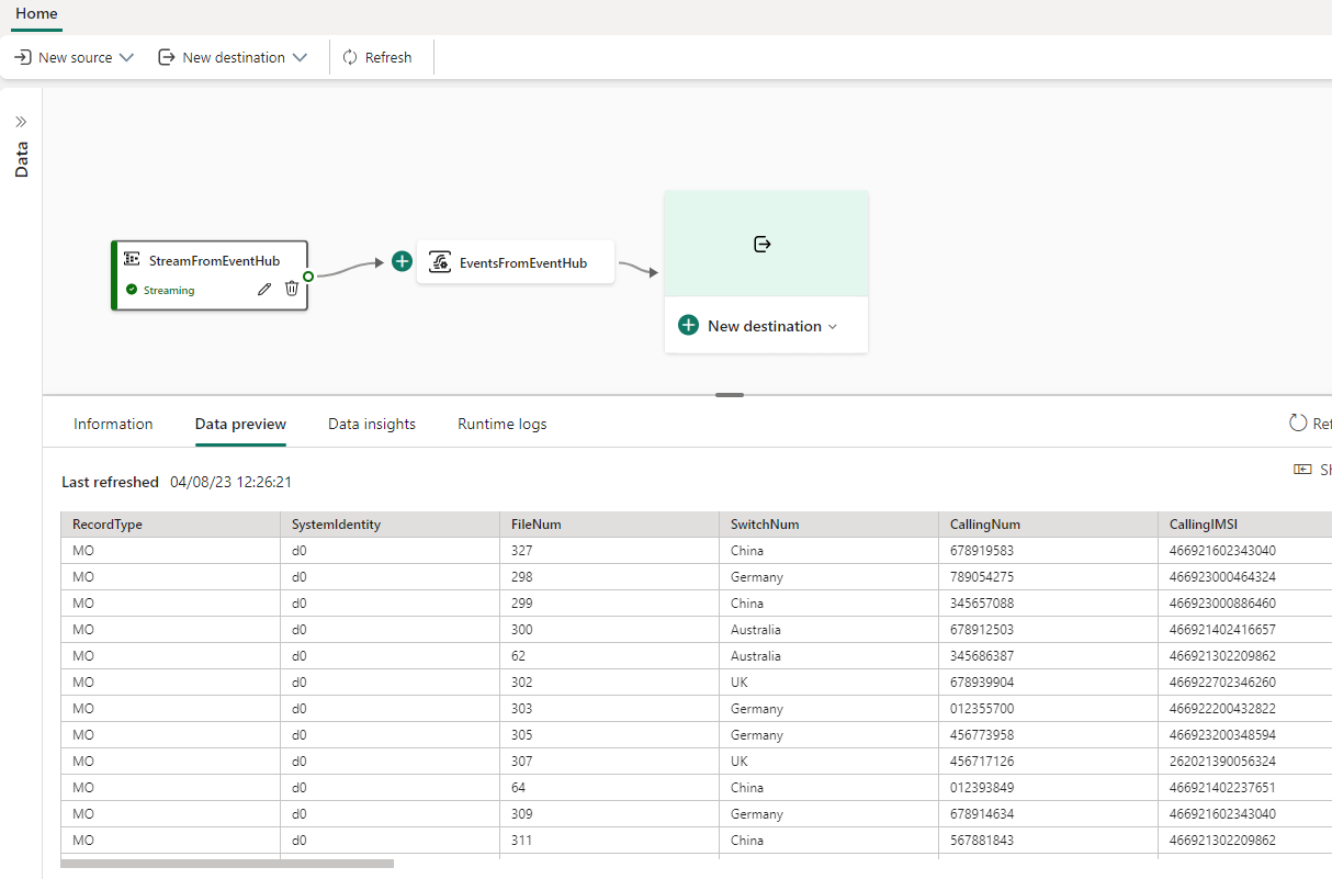 Data preview of streaming data from Event Hub