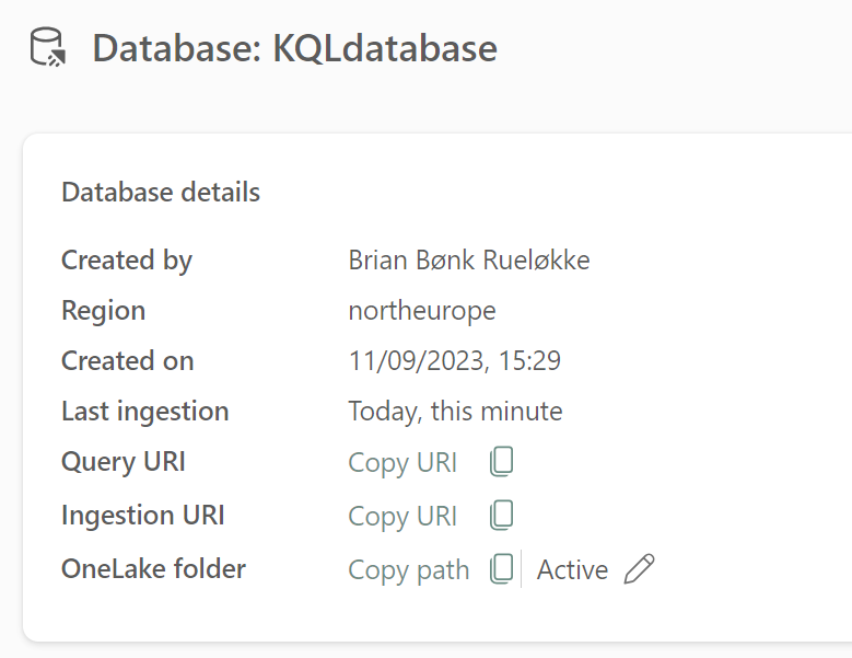 KQL data in OneLake for database